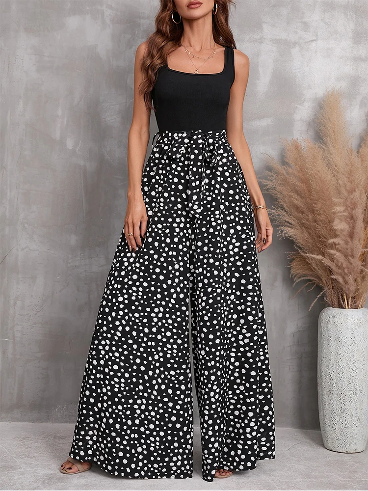 Sets Outifits 2023 New Square Neck Suspender Polka Dot Print Lace Up Wide Leg Jumpsuit One Fashion Casual Pieces For Women Femal