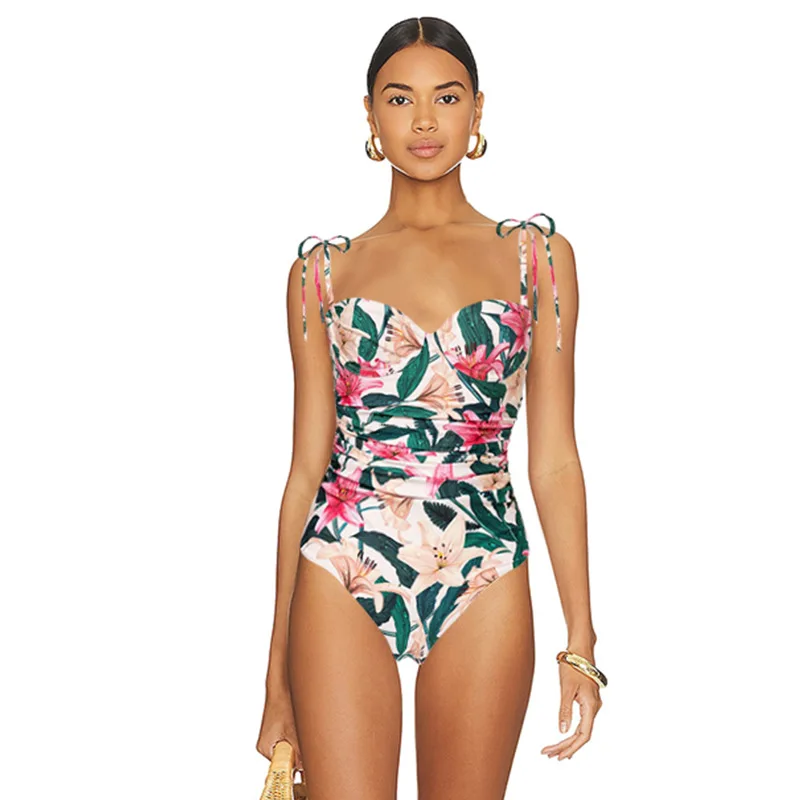 Women's Tight Vacation Swimwear Beachwear Cover Up Shoulder Strap Beach Vacation Floral One-piece Swimsuit Suit