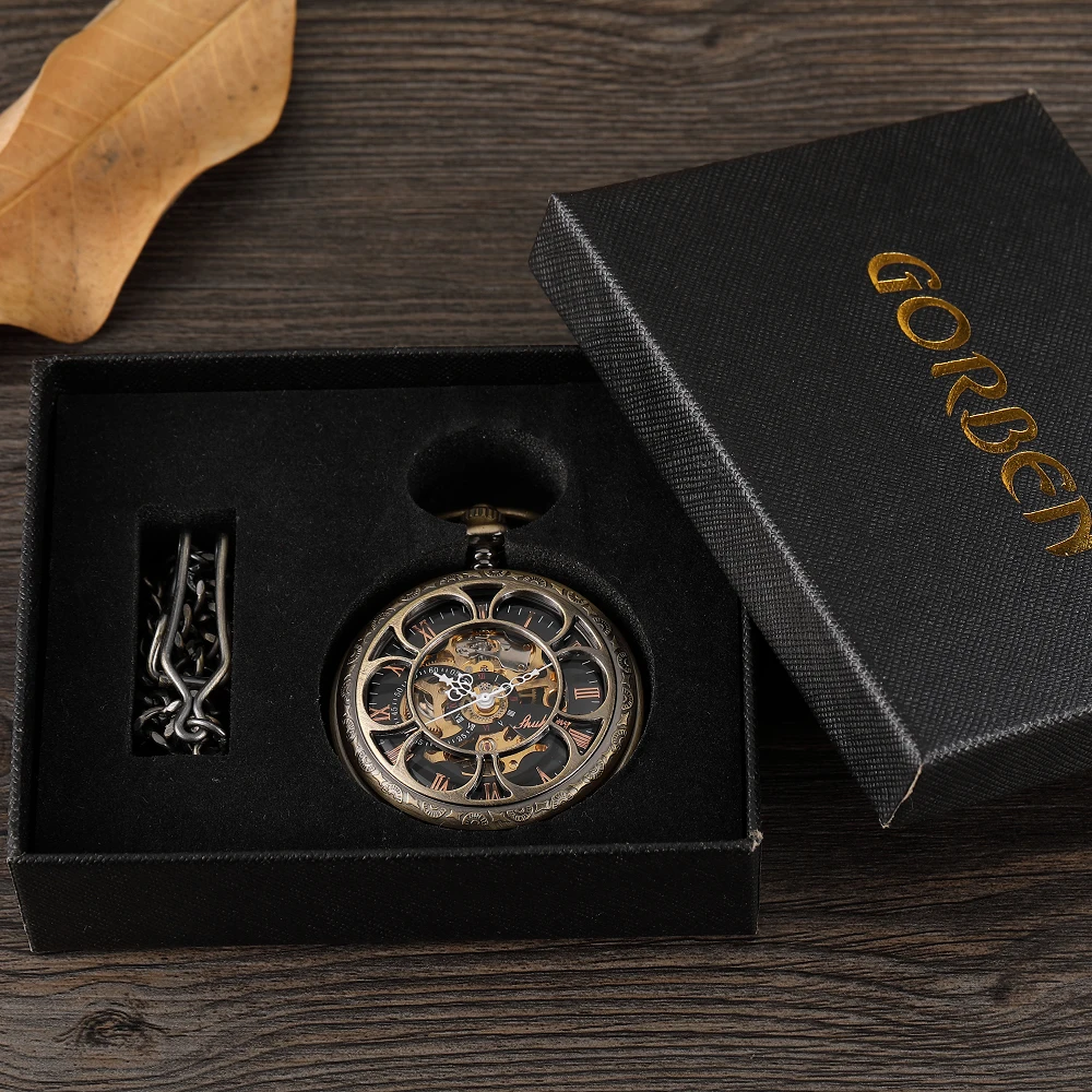 Bronze Hollow Antique Mechanical Pocket Watch for Men Engrave Roman Numerals skeleton Dia Steampunk Hand-wind Gift Box