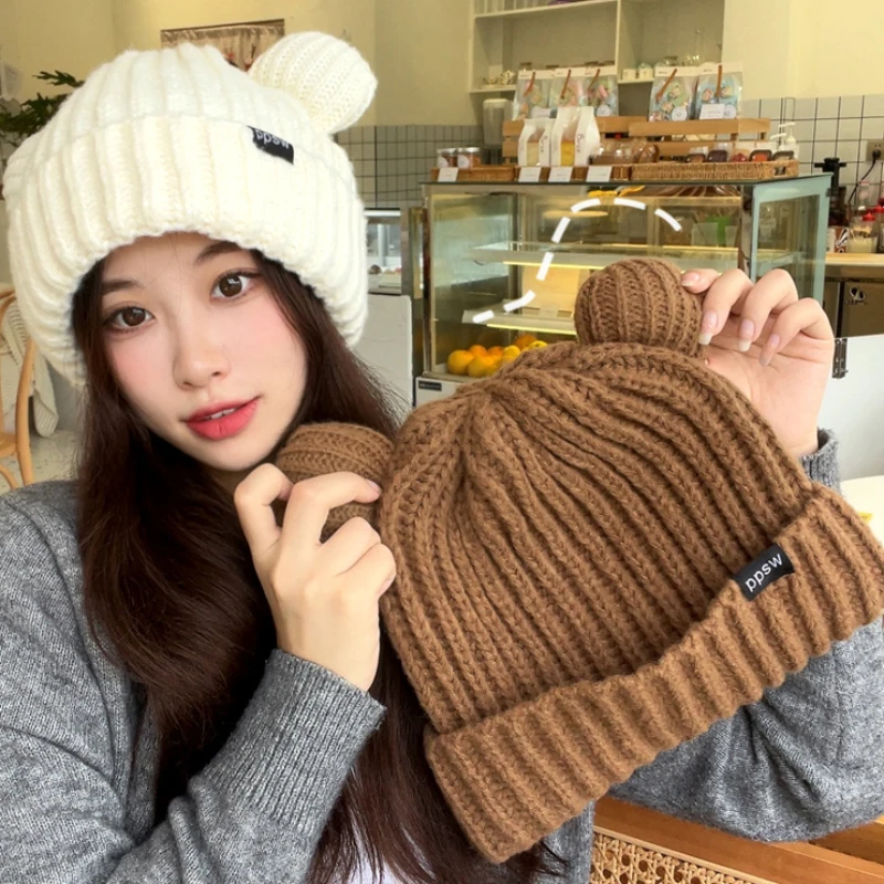 

Cute Bear Ears Loose Knit Skullies Hat for Women Autumn Winter Keep Warm Thicken Polyester Caps Student Outdoor Solid Beanies