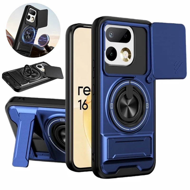 Shockproof Armor Case with Slide Lens Protector and Magnetic Ring Stand