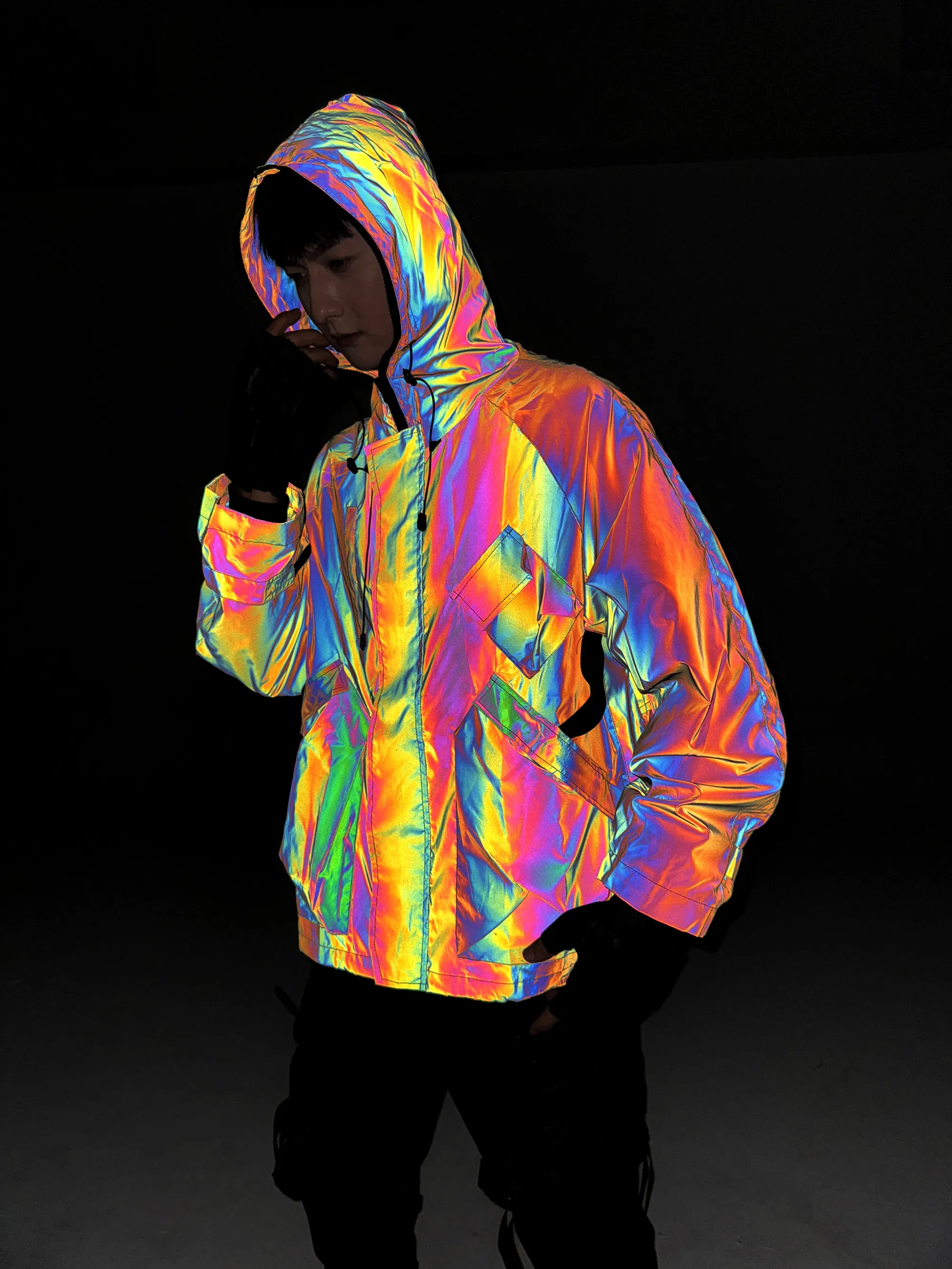 Multi-pockets Tactical Techwear Colorful Reflective Jacket Men Outdoor Casual Hip Hop Punk Functional Reflective Windbreaker