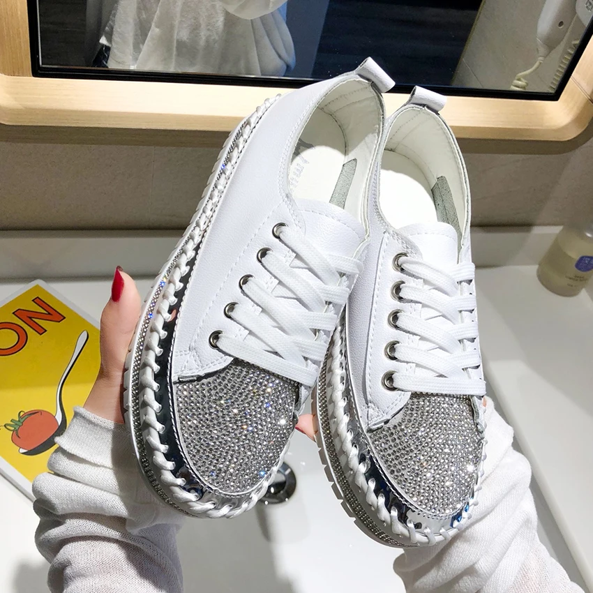 

Spring Fashion Bling Lace Up Ladies Casual Comfortable Round Toe Platform Sneakers White Shoes Women Crystal Shoe 2023