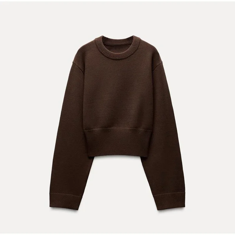 Vintage Solid O-Neck Cropped Sweater Pullover For Women Casual Long Sleeved Loose Jumper Female 2025 Spring Lady High Streetwear
