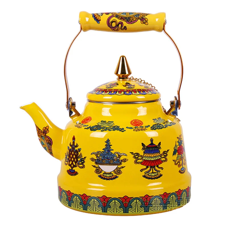 

Enameled Teakettle Tibet Good Luck YellowTea Kettle With Ceramic Handle For Stovetop/induction Cooke Hot Water No Whistling 2.4L