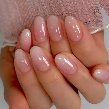 24Pcs Short Oval Gradient Pink Press On Nails Glossy Finish Full Cover False Nails for Women&Girl Removable Wearable Nail Art