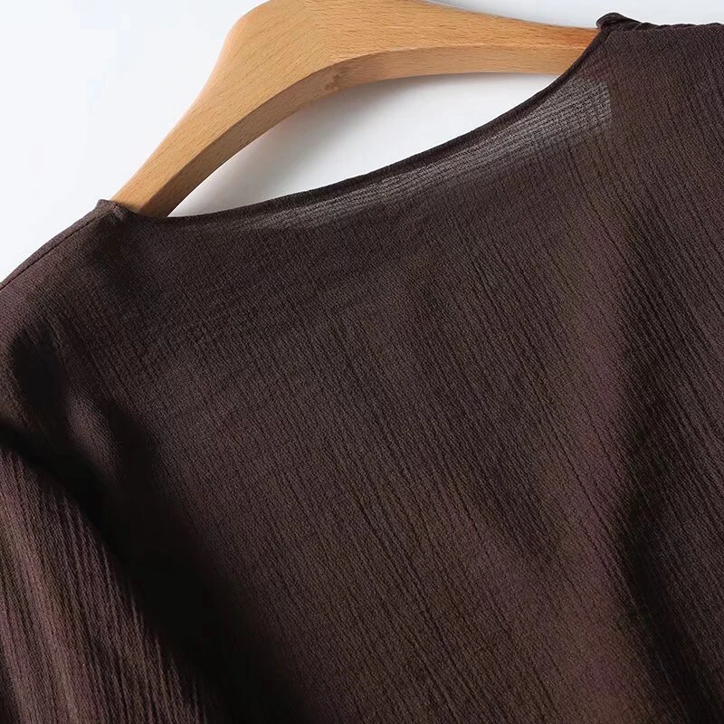 YENKYE Spring 2025 Women Brown Long Sleeve V Neck Ruffle Shirt Office Casual Blouse Blusas Mujer