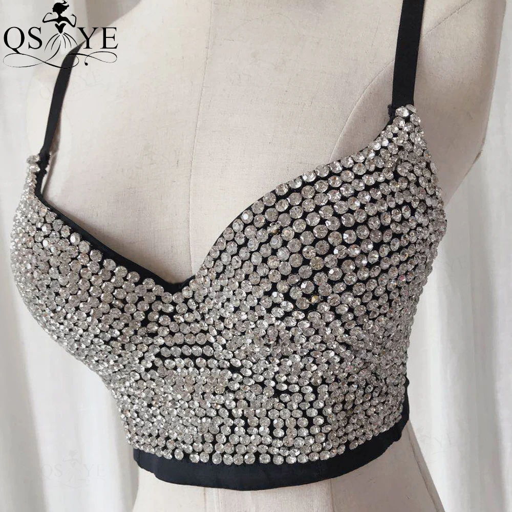 

QSYYE Sexy Black Evening Dress Women Silver Crystal Bead Mesh Stitching Crop Top Sweetheart Nightclub Navel Party Gown Backless