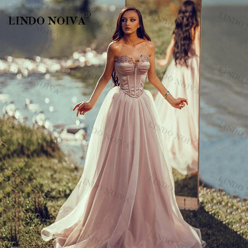 

LINDO NOIVA Vintage Blush Pink Organza Prom Dress Satin Sweetheart Lace Up Corset Evening Gowns Customized Dubai Women's Party