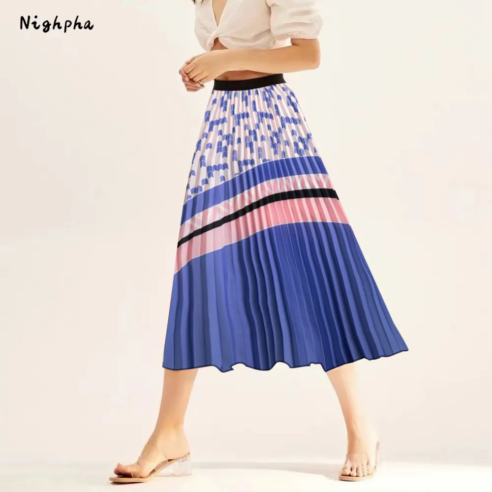 

Nighpha Pleated Skirt Women Spring Summer Vintage Printed High Waisted Midi Long Skirt Big Swing A-Line Skirts Causal Holiday