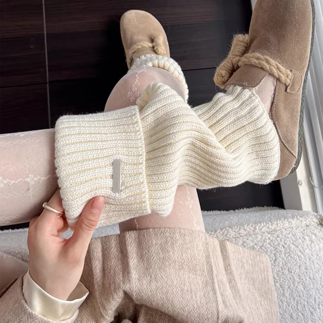 Autumn and Winter Leg Warmers Japanese Metal Label Socks Female Knitted Warm Foot Cover White Black Y2K Stockings Leg Warmers 4