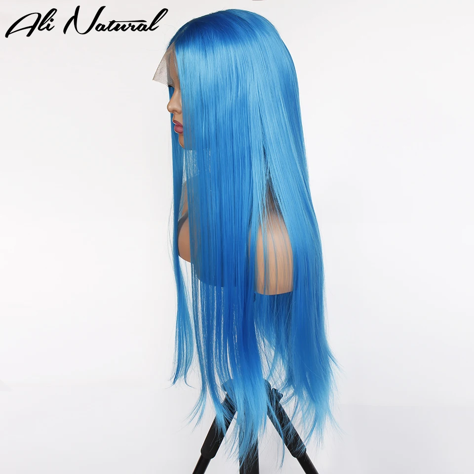 Bright Blue Color T Part Synthetic Lace Wig Long Silky Straight Light Blue Wig High Temperature Fiber Hair for Women 24inch