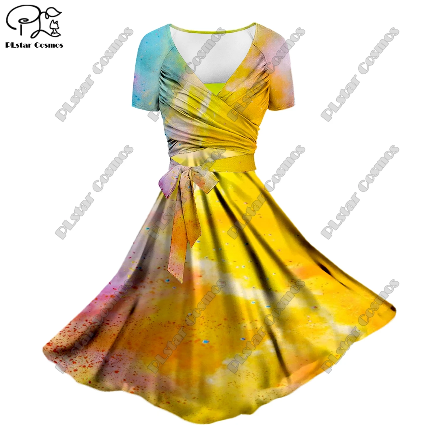 

The latest 3D printing rainbow color gradient pattern ladies floral A-line suspender skirt bow twill top two-piece summer J2