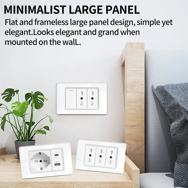 118x75mm Italy&Chile USB TypeC Fast Charging Wall Socket Schuko Wifi Smart Switch Sat TV Tel,White Tempered Glass Panel for Home 2
