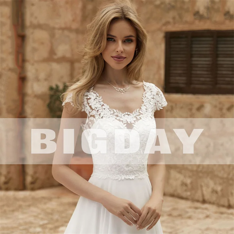 Elegant A-Line Wedding Dress Women Lace Illusion Back Short Sleeve O-Neck Chiffion Bridal Gown Train Vestido De Noiva Customized 3