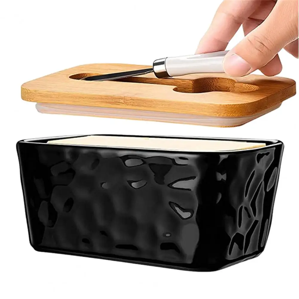 Ceramic Butter Dish Capacity Butter Pan Elegant Ceramics Dish with Wooden Lid Stainless Steel Cutter Capacity for Kitchen