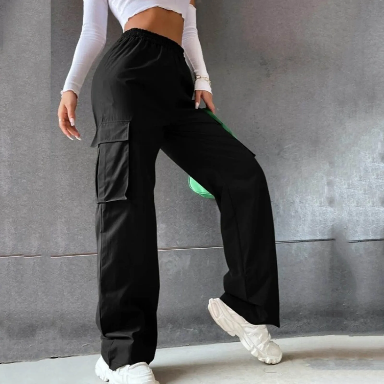 

Women's Belt Less High Waisted Wide Leg Trousers Straight Leg Relaxed Style Trousers Casual Trousers Solid Women's Casual Pants