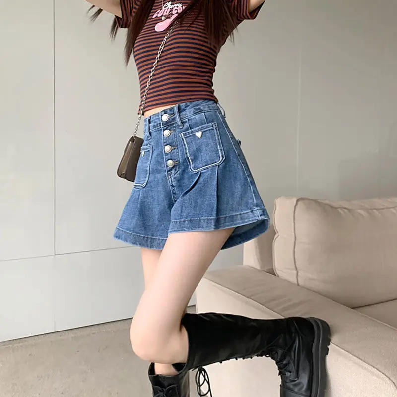 Women's Summer 2024 New Korean Hotsweet Solid Color Elastic Spliced Pockets Button High Waist A-line Loose Denim Wide Leg Shorts