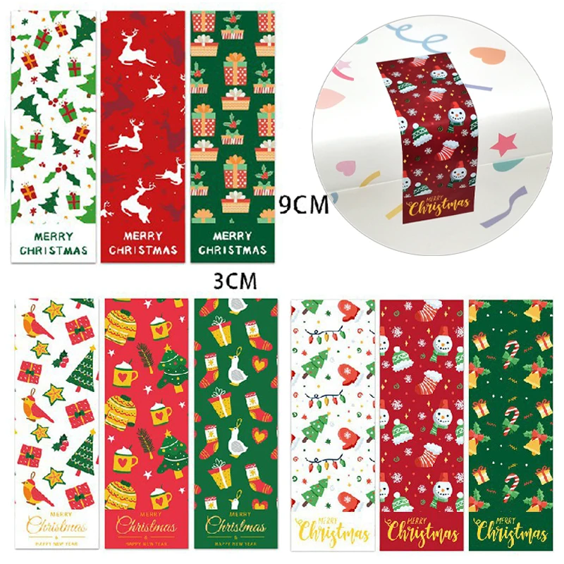 100pcs/roll Merry Christmas Stickers 3 Patterns Sealing Label Stickers for Christmas Theme Gift Box Packaging Decor Labels 3*9cm