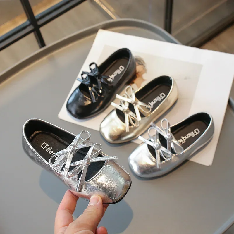 Mary Jane Shoes Girls Shoes Girls Flats Princess Shoes for Girls Fashion Double Bowknot Chic Children Mary Jane Shoes Gold Sliver Square Toe Elegant Kids Flats