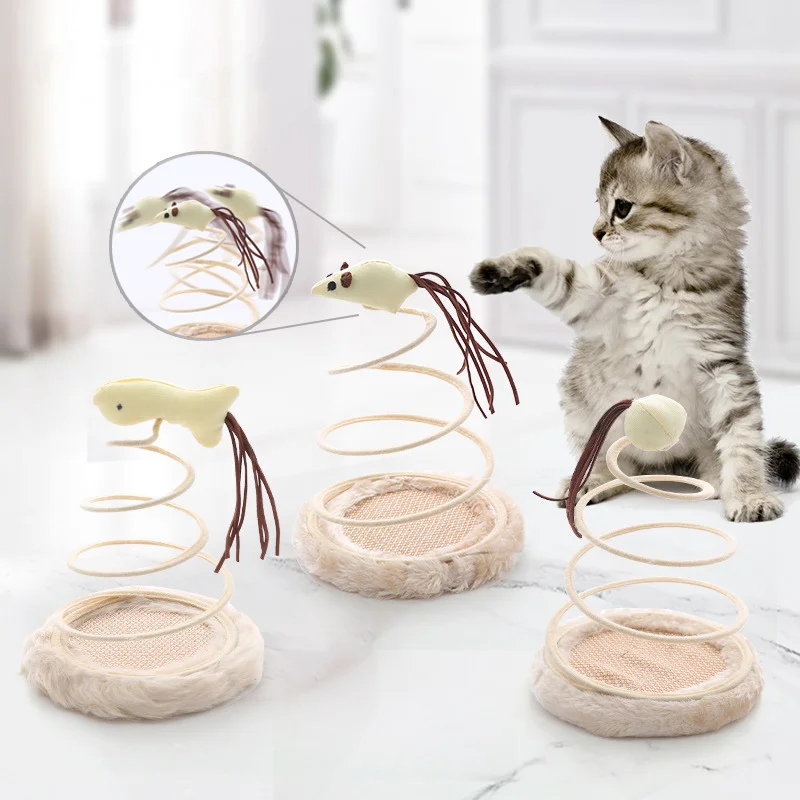 

Cat Toys Plush Spring Disk Teasing Cat Toys Mouse Spiral Wire Spring Sisal Disk Claw Scratching Interactive Pet Toys