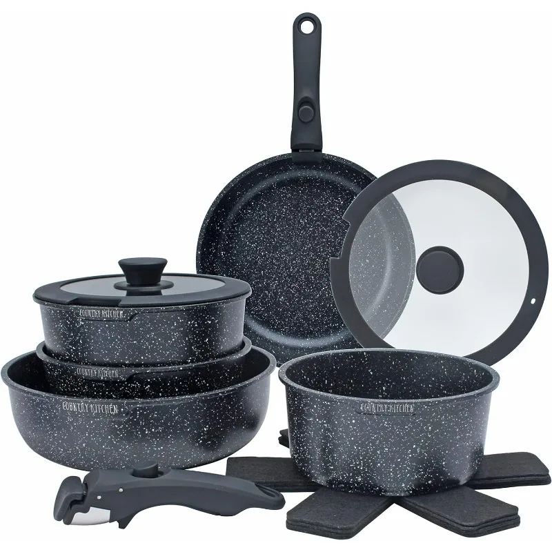 

Country Kitchen 13 Piece Pots and Pans Set - Safe Nonstick Kitchen Cookware with Removable Handle, RV Cookware Set, Oven Safe