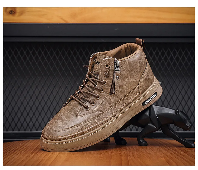 Men's Casual Leather Shoes Platform Warm Fur Ankle Short Lace Up