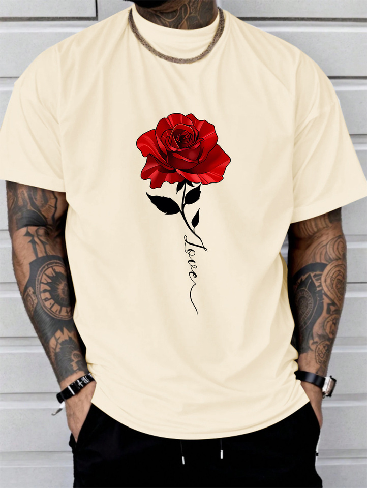 Men's Summer 100 Cotton Fashionable Casual Loose Large Rose Pattern Printed Sports Round Neck Short Sleeve T-shirt Top