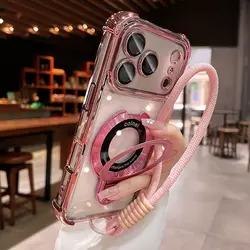 Transparent Shockproof Rope Lanyard Phone Case with Strap Stand - Soft Protective Cover - iPhone 15 Pro (Pink)