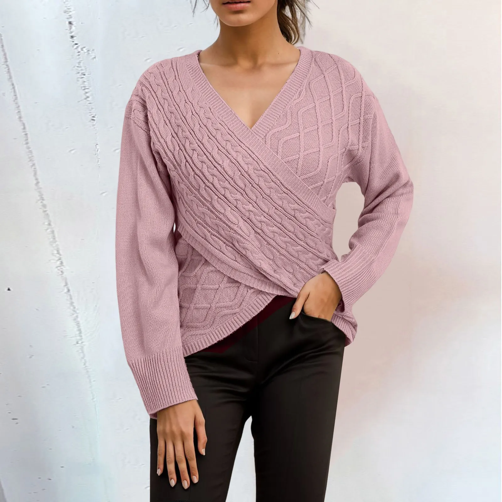 

Осенний женский модный жаккардовый облегающий пуловер с перекрестным узором, джемпер, повседневный свободный однотонный Универсальный свитер с V-образным вырезом