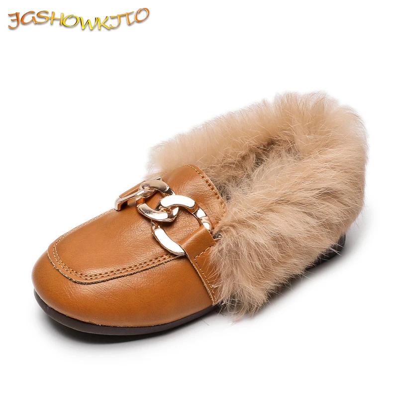 JGSHOWKITO Kids Leather Shoes Autumn Winter Girls Flats With Thick Cotton Warm Children Boy Black Loafers Fashion Hairy Fur