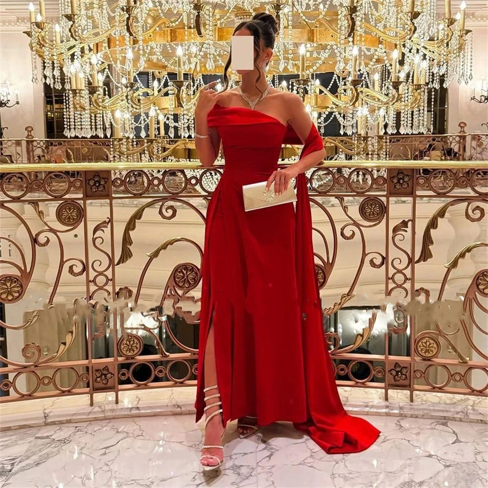 

Romantic Red Satin Mermaid Prom Dresses Boat Neck Side Split Evening Gowns Ankle Length Christmas Party Dress Long فساتين السهرة