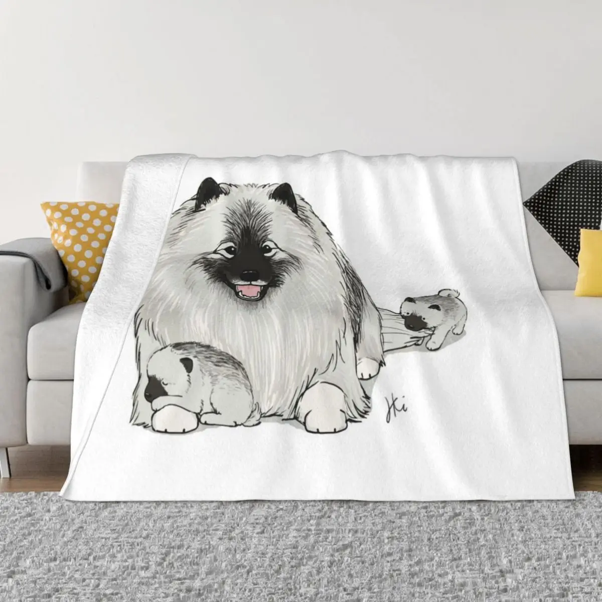 

Happy Keeshond Dog with Puppies | Cute Keesies Keeshonden Throw Blanket for sofa Beach Blankets