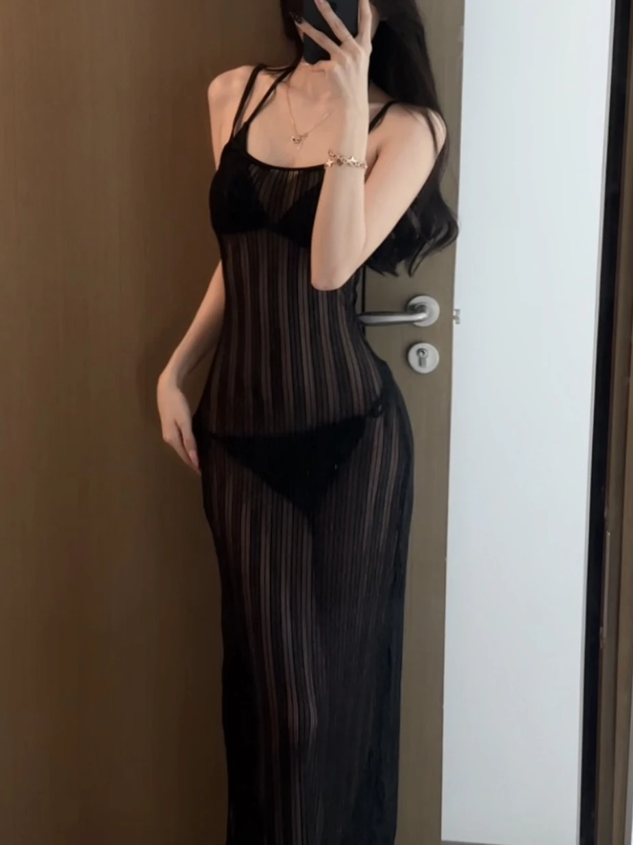 섹시한 블랙 스트랩리스 시스루 비치 커버업 슬리밍 바디 쉐이핑 하이웨이스트 ..