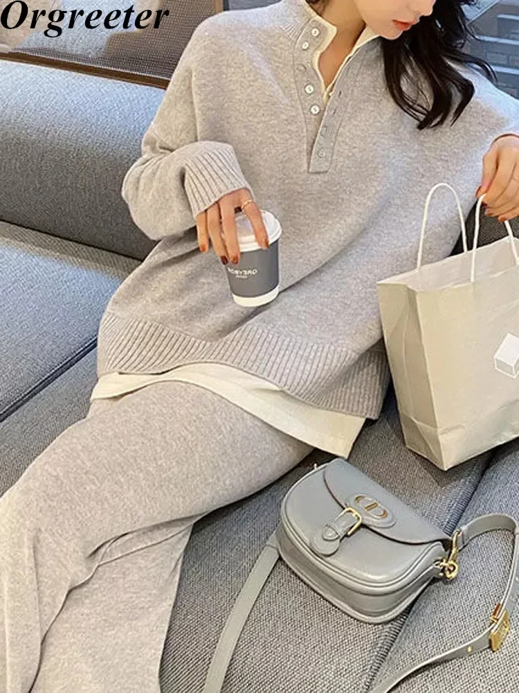 Set Maglione E Pantaloni A Gamba Larga Donna In Maglia - Completo Casual 2 Pezzi Con Vita Alta