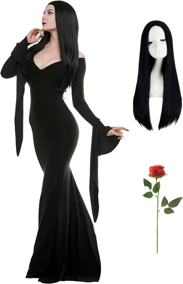 Generico Vestiti da Morticia Addams Costume da Donna Abito Medievale da Donna Campana con Corsetto, Vestito Gotico, Sexy,Vittoriano, Tradizionale
