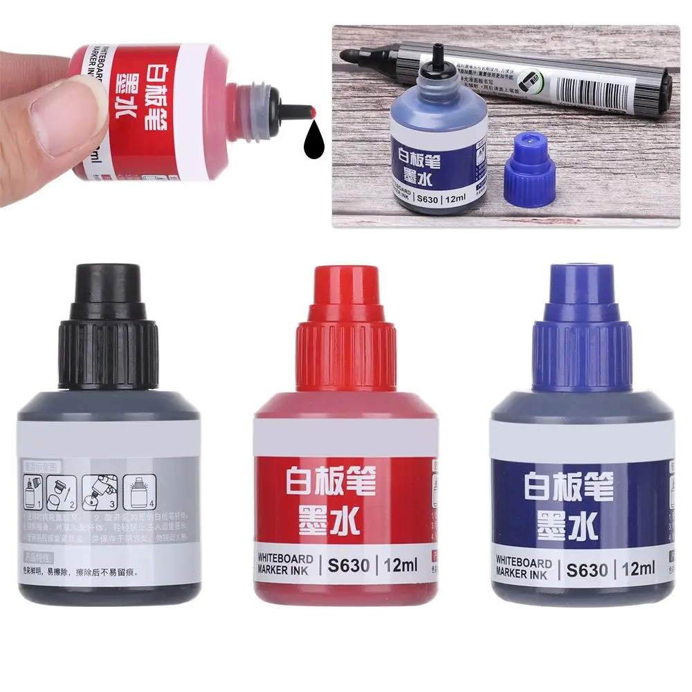 12ml Refill Ink Erasable Whiteboard Marker Pen Inks Black Red Blue 3 Colors Instantly Dry Office Supplies white marker pens color marker pens pen marker marker pens whiteboard pens dry erase markers