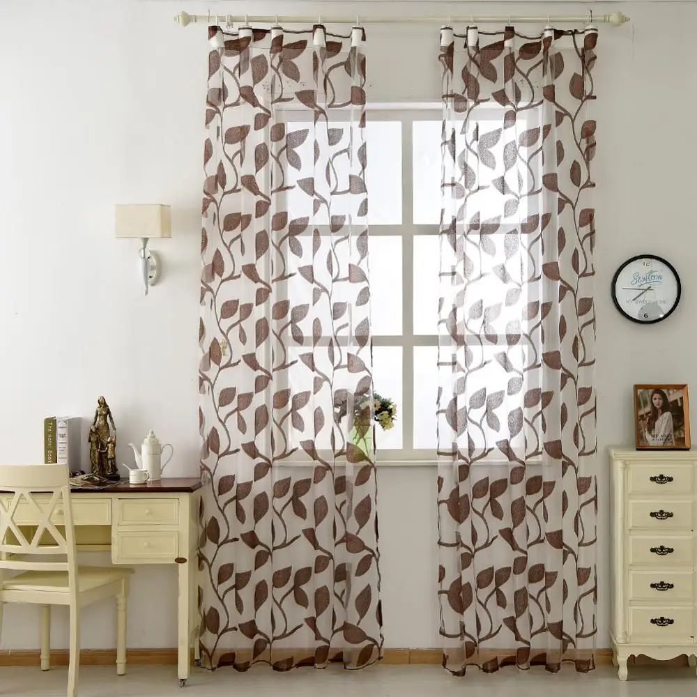 NAPEARL Organza Tulle Curtains Leaf Design White Sheer Fabrics Kitchen Door Panel Transparent Window