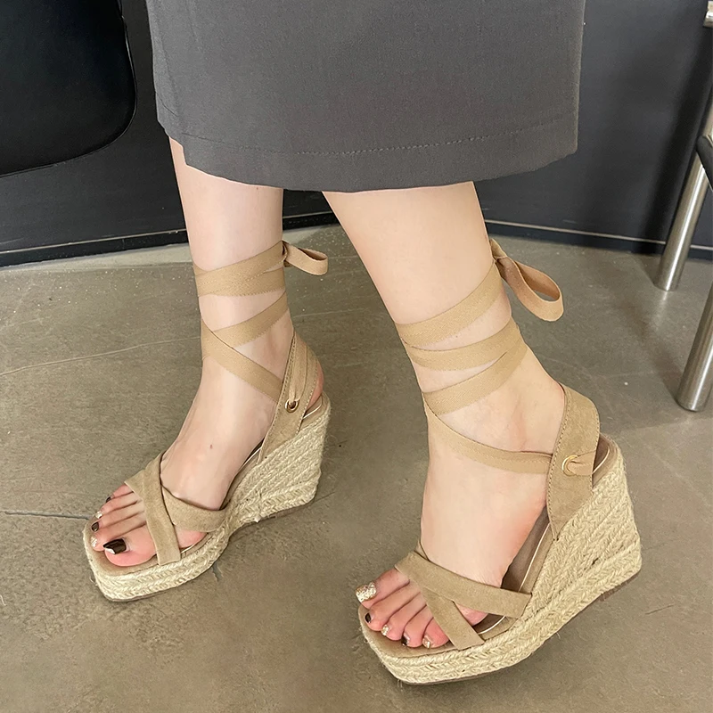 

Cane Wedges Sandals For Women Peep Toe Bandage Espadrille Stylish Shoes For Women Square Toe Platform Rattan Grass Weave Summer