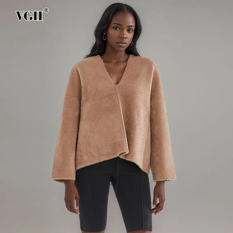 

VGH Solid Casual Knitting Sweaters For Women V Neck Long Sleeve Pullover Minimalist Loose Sweater Female Clothing Fashion New