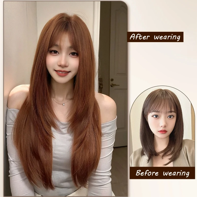 26 Inch Long Straight Synthetic Wig Layered Dark Orange Natural Smooth Hair Stylish Party Bangs Wigs For Women daily use
