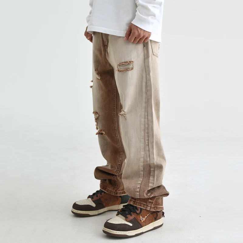 Fashion Denim Jeans Mens Destoryed Holes Zipper Straight Jeans Hip Hop Streetwear Spring Summer Casual Joggers Jeans Men Pants