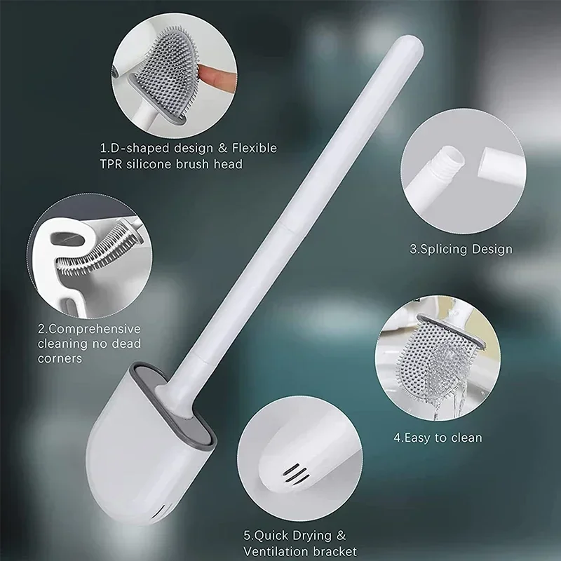 Hanging Toilet Brush Water Leak Proof with Base Silicone Wc Flat Head Flexible Soft Bristles Brush with Quick Drying Holder toilet brush set toilet brush holder