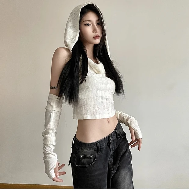 Sexy Hole Oversleeve Crop Top Women Aesthetic Black T-shirts