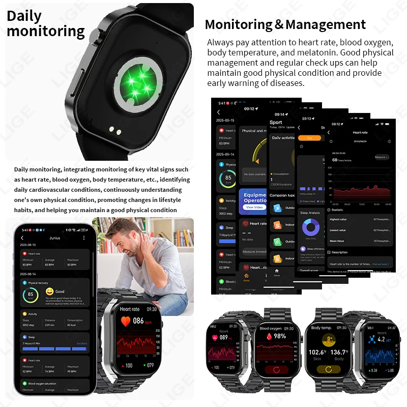 LIGE Men Smart Watch Bluetooth Call Heart Rate Blood Oxygen Monitor 3ATM Waterproof Sports Smartwatch Men For Android IOS 2025