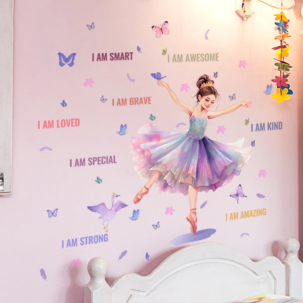 Luminous Wall Stickers Wall Stickers Vinyl Decal Stickers Ballet Dancer Girl Wall Decal Colorful Butterfly Theme Stickers for Girls Room Nursery Princess Room Decoration Self-Adhesive