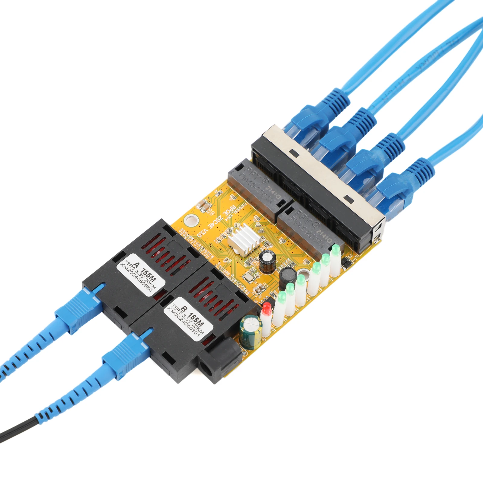 100M Fiber Optic Media Converter 4 RJ45 to 2 SC A+B Optic Connector 1310nm/1550nm Ports PCBA Board 20KM Ethernet Switch Yellow