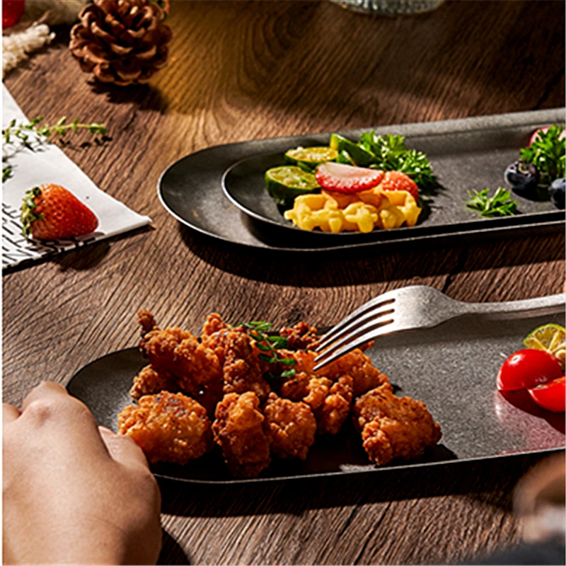 Snow Sand 304 Stainless Steel Storage Trays Snack Plates Retro Steak Barbecue Tableware Plate Cutlery Holder Decorative Dish 5