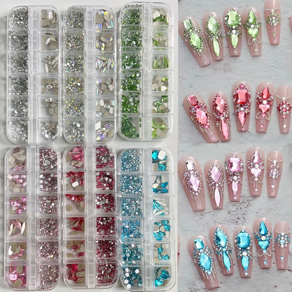 

Hot Selling 12 Grids Nail Art Rhinestones Jewelry Set Multi-shapes Colorful Flatback Nail Charms Diamonds 3D Nails Accessories