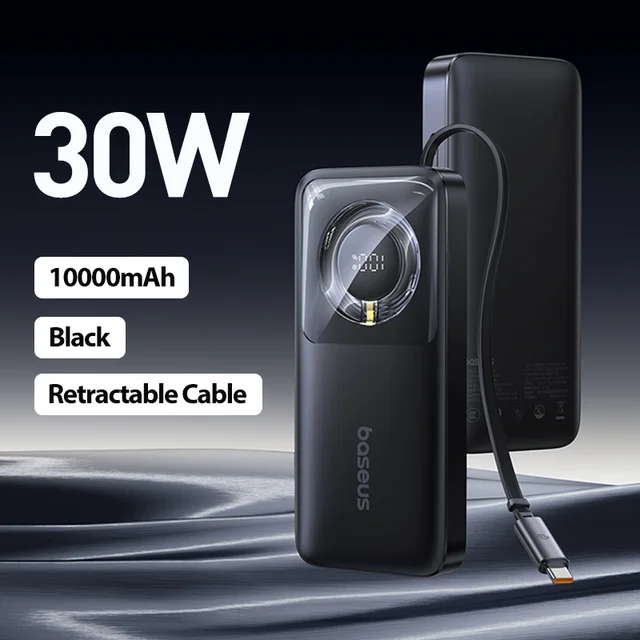 Baseus 65W Power Bank 20000mah Fast Charging with Built-in Retractable Type-C Cable for Laptops iPhone 16 15 Pro Max 8